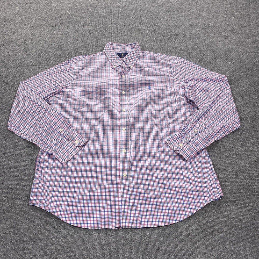 Ralph Lauren Shirt Mens XL Pink Blue Check Long Sleeve Button Down Stretch